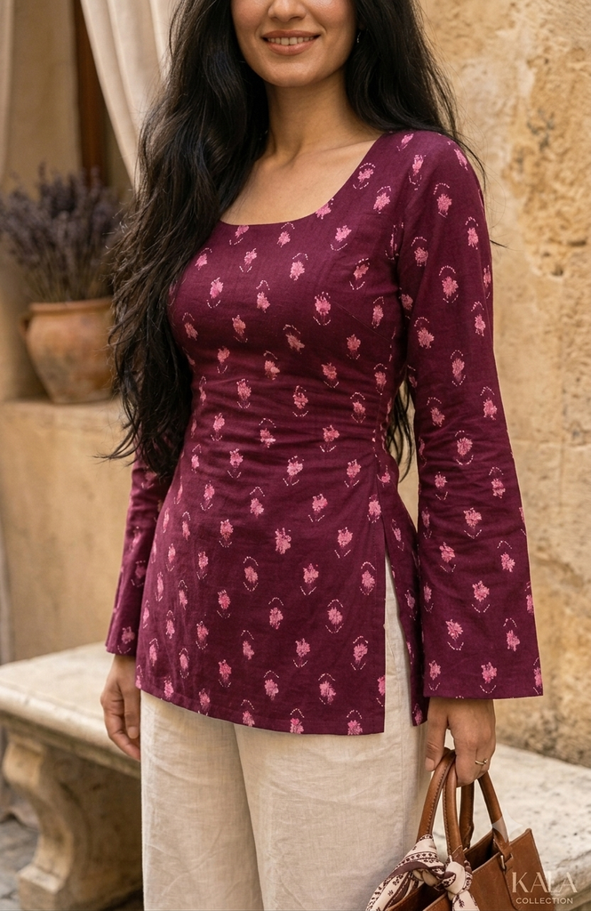 Maroon Block Print Square Neck Top (S)